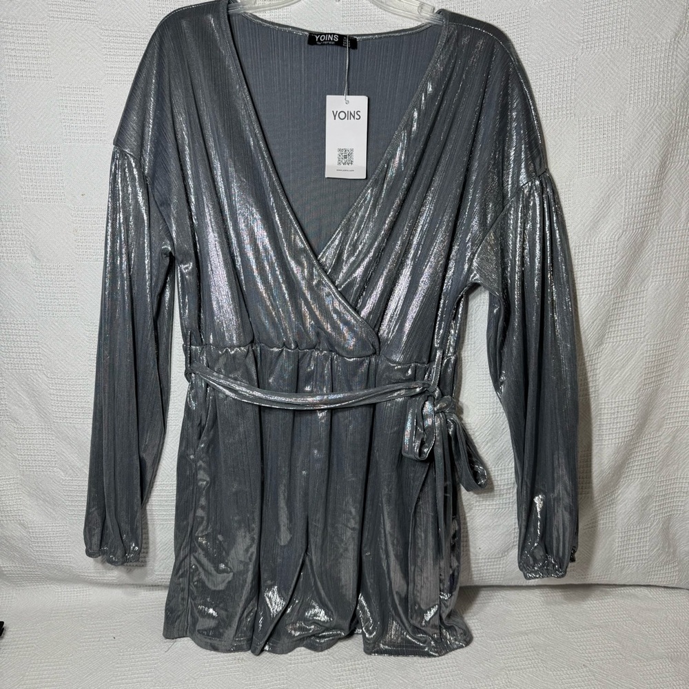 NWT YOINS Silver Metallic Knit Long Sleeve‎ Romper Jumpsuit Womens Size XL